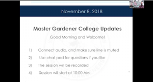 first slide of webinar presentation showing master gardener college updates title